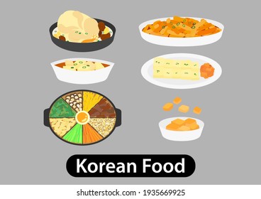 Delicious korean food. Classic Korean meal set on white background, Vector illustration.