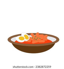 Delicious Korean Spicy Rice Cake Tteokbokki with boiled egg on white background. Korean street food vector illustration. 