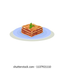 Delicious lasagna with green basil leaves on top. Traditional Italian food. Cooking theme. Flat vector icon