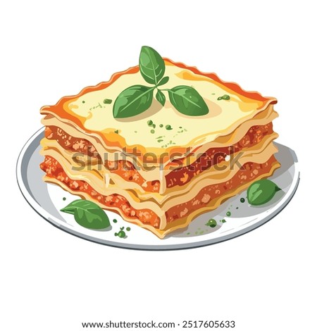 Delicious Lasagna Plate Vector Illustration with Basil Garnish