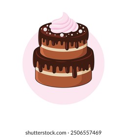 Delicious Layer Chocolate Cake with Cream Filling, Chocolate Topping, Whipped Cream and Sprinkles on top. Cartoon Cake Vector Illustration.