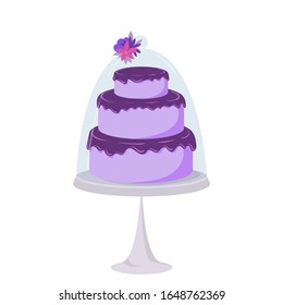 Delicious layered cake on a stand decorated with flowers. Cake for a wedding or birthday. Vector illustration of baking for decorating windmills, banners and cards.