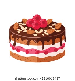 Delicious Layered Chocolate Cake with Raspberry Topping and Sliced Almonds Vector Illustration