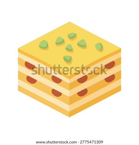 A delicious layered dessert or cake, possibly baklava or lapis legit, topped with nuts. Flat design in warm pastel yellow and brown tones.