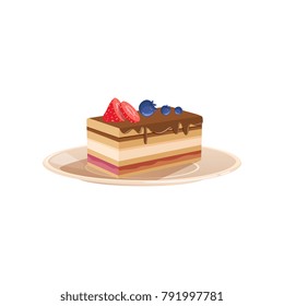 Delicious layered dessert drizzled with chocolate, decorated with strawberry and blueberry. Sweet baked food. Flat vector design for recipe book or cafe menu