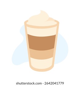 A delicious layered drink presented in a clear cup showcases alternating colors of coffee and cream, topped with a smooth swirl, set against a soft background.