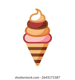 Delicious layered ice cream cone in flat style on white background 
