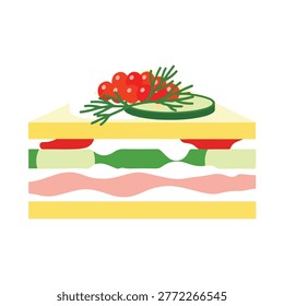 Delicious layered sandwich with ham, cucumber, tomato, dill, and caviar on white bread.