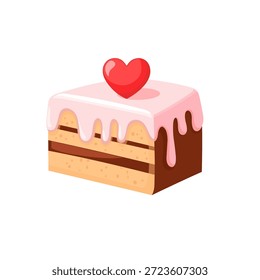 Deliciosa rebanada de pastel de San Valentín en capas con esmalte rosa y corazón Topper