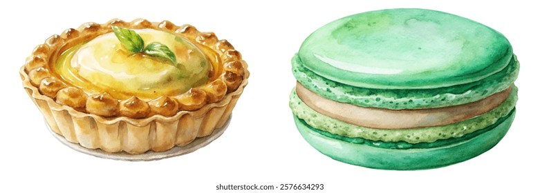 Delicious lemon tart, vibrant green macaron, watercolor illustration, dessert art, sweet treats, bakery design.