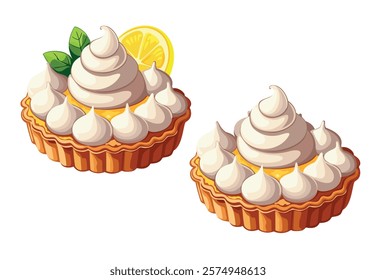 Delicious lemon tartlets with whipped cream or churned meringue on white background. Vector illustration in eps 10. Design element for menu, recipe, market and cookbook 