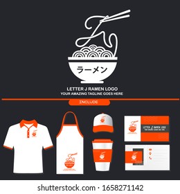 Delicious Letter J Ramen Noodle Bowl Logo with Japanese Text that is Interpreted as Ramen. Brand Identity Logo Include Shirt, Apron, Cup, Hat, and Business Card. Vector Template. Japanese Restaurant