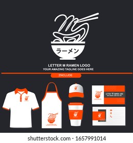 Delicious Letter M Ramen Noodle Bowl Logo with Japanese Text that is Interpreted as Ramen. Brand Identity Logo Include Shirt, Apron, Cup, Hat, and Business Card. Vector Template. Japanese Restaurant