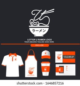 Delicious Letter U Ramen Noodle Bowl Logo with Japanese Text that is Interpreted as Ramen. Brand Identity Logo Include Shirt, Apron, Cup, Hat, and Business Card. Vector Template. Japanese Restaurant