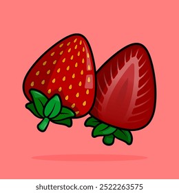 Ilustración de dibujos animados de línea deliciosa de fresas divididas que revelan Interiores jugosos para conceptos de alimentos y refrigerios