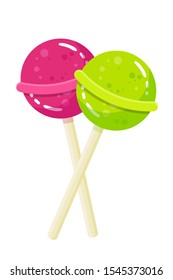 Köstliche lollipops flache Vektorillustration Illustration. Rund hartes Karamelll auf Stöcken einzeln auf weißem Hintergrund. Rote und grüne Süßigkeiten, Süßigkeiten-Shop-Produkt. Geschmackvolle Nachspeisen, bunter Zutaten
