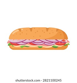 Delicious Long Submarine Sandwich Vector Illustration with Fresh Red Onions, Tomatoes and Lettuce