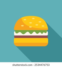 Delicious looking burger casting a long shadow on blue background