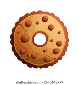 A delicious looking donut covered with chocolate chips. The donut has a light brown base and a decorative edge, it looks appetizing and inviting, perfect for design projects.