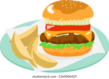 Delicious looking hamburger and fries on a blue plate