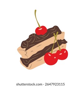 Delicious looking slice of chocolate cake with bright red cherries on top, presented on a black backdrop making it ideal for food-related projects.