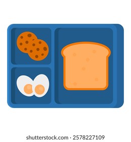 Delicious Lunch Box Vector with Sandwich, Egg and Cookies. Blue Lunch Box.
