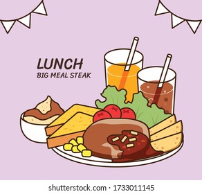 Delicious lunch collection: big meal steak on plate, lettuce, tomato, potato, cheese toast, corn and drinks. Tasty afternoon lunch restaurant product vector illustration flat cartoon drawing.