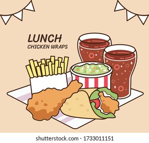 Delicious lunch collection: chicken fried and wrap set. Tasty afternoon lunch restaurant product vector illustration flat cartoon drawing.