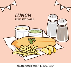 Delicious lunch collection: fish and chips set menu with tartar sauce, pesto, french fries, salt, pepper. Traditional afternoon lunch restaurant product vector illustration flat cartoon drawing.