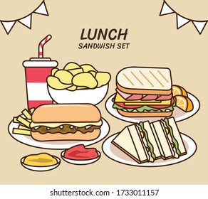 Delicious lunch collection: philly cheesesteak, french fries, potato chips, turkey ham sandwich, tuna corn sandwich and soda drinks. Tasty fast food afternoon lunch restaurant vector illustration