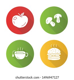 Delicious lunch flat design long shadow glyph icons set. Hot tea, ripe apple, burger and mushrooms vector silhouette illustration. Tasty breakfast, fast food and drink. Healthy and harmful nutrition