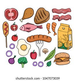 delicious lunch food collection with colored doodle style