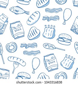 delicious lunch food seamless pattern with doodle or hand drawn style