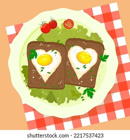 Delicious lunch with fried eggs on rye toast and fresh lettuce seasoned with parsley, spices and cherry tomatoes