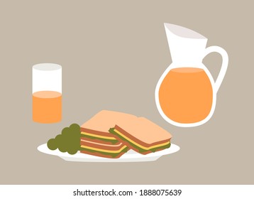 Delicious lunch sandwich and soda drink. Tasty fast food afternoon lunch restaurant vector illustration. Burgers on the plate and a juice in a transparent jug isolated on beige background cartoon meal