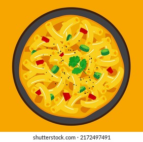 delicious mac and cheese bowl vector illustration high angle view with garnish and crushed pepper