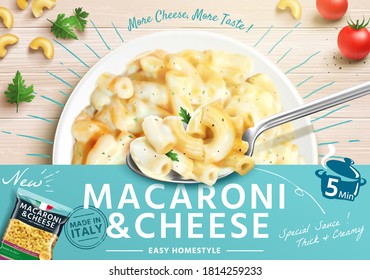 Delicious macaroni ads with cheese in 3d illustration, spoon with macaroni and cheese over a plate on wooden table