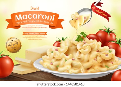 Delicious macaroni ads with cheese and fresh tomatoes in 3d illustration