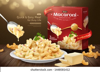 Delicious macaroni ads with product package on wooden table in 3d illustration