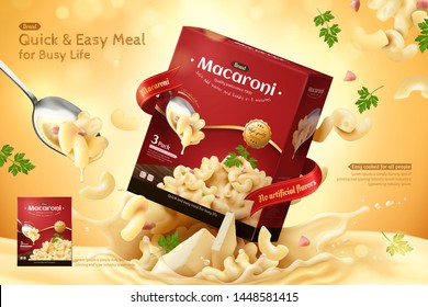 Delicious macaroni ads with product package jumping out of cheese sauce on glitter background in 3d illustration