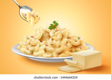 Delicious macaroni with cheese in 3d illustration