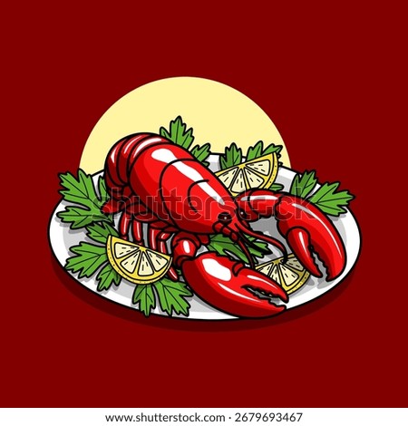 A delicious main course of lobster with vegetables and lemon slices served on a white plate on dark red background. Perfect for celebrating National Lobster Day on September 25th.