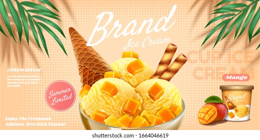 Delicious mango ice cup ads with fruit topping sundae and chocolate stick in 3d illustration