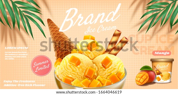 Delicious mango ice cup ads with fruit\
topping sundae and chocolate stick in 3d\
illustration