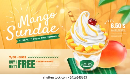 Delicious mango sundae ads with fresh fruit on wooden plate background in 3d illustration