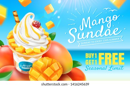 Delicious mango sundae ads with fresh fruit on bokeh beach background in 3d illustration