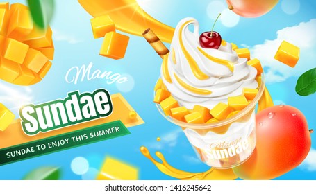 Delicious mango sundae ads with fresh fruit flying in the air in 3d illustration