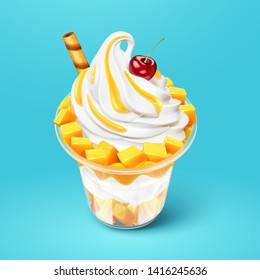 Delicious mango sundae isolated on blue background in 3d illustration