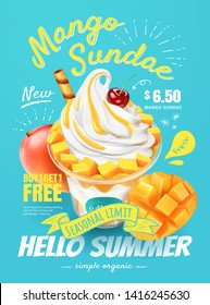 Delicious mango sundae poster ads with fresh fruit in 3d illustration