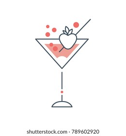 Delicious martini cocktail in glass with strawberry. Alcoholic beverage. Icon in linear style with pink fill. Isolated flat vector design for menu, logo or sticker